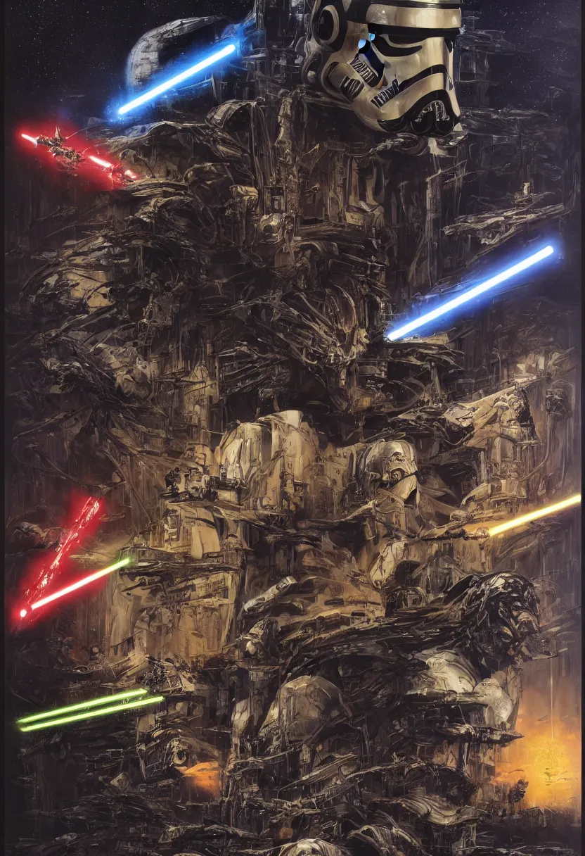 Image similar to star wars posters reinvented by hr giger syd mead yasushi nirasawa, hdr, 8 k, volumetric lighting, dark fantasy style, hyperrealistic, soft lighting, epic visuals, photorealistic, bokeh,