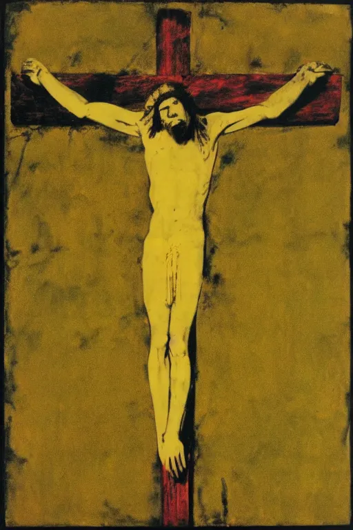 Image similar to bloody jesus christ crucified, yellow sky painted by andy warhol and cy twombly