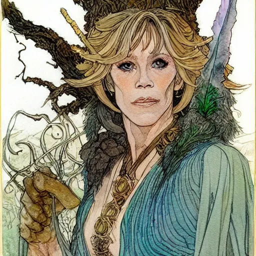 Prompt: a realistic and atmospheric watercolour fantasy character concept art portrait of jane fonda as a druidic warrior wizard looking at the camera with an intelligent gaze by rebecca guay, michael kaluta, charles vess and jean moebius giraud