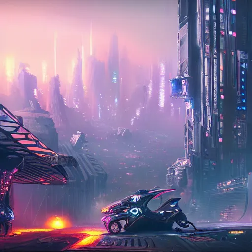 Image similar to a beautifully hyperdetailed matte painting of a Cyberpunk squid a scorched landscape emitting Violet and White blue energy, dusk, art by Albert Bierdstat, and Raphael Lacoste and Dave Noton, 4k, unreal engine, trending on artstation