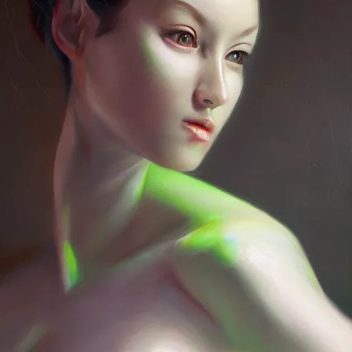 Prompt: a portrait of an intensely lit monstruous insect girl modeling, green, oil painting, pale colors, high detail, 8 k, wide angle, trending on artstation,