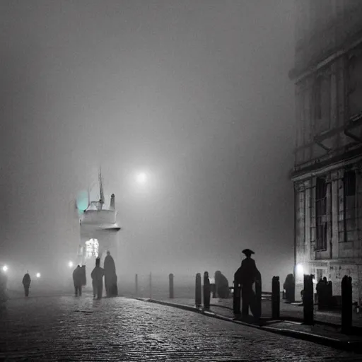 Prompt: London at night, deep fog, jack the ripper walks looking for his next victim, by Michelangelo