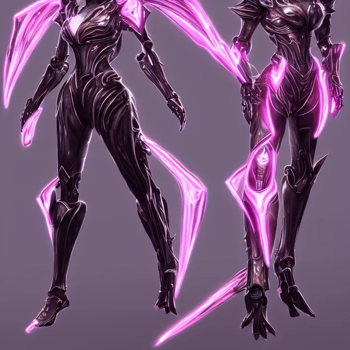 Image similar to highly detailed exquisite fanart, of a beautiful female warframe, but as a stunning anthropomorphic robot female dragon, standing elegantly with hand on hip, shining reflective off-white plated armor, slick elegant design, bright Fuchsia skin, sharp claws, full body shot, epic cinematic shot, realistic, professional digital art, high end digital art, DeviantArt, artstation, Furaffinity, 8k HD render, epic lighting, depth of field