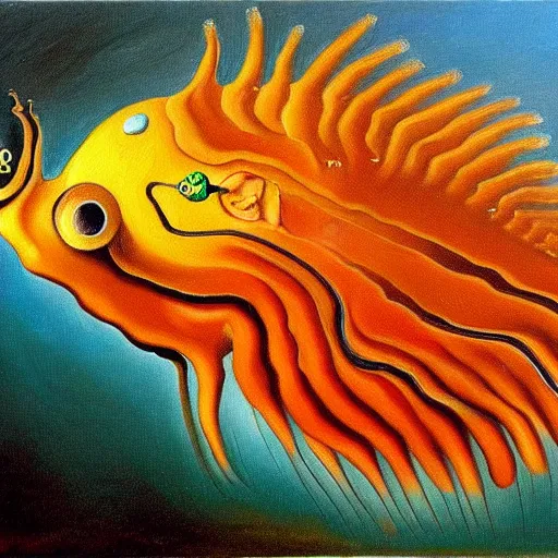 Prompt: oil painting of caramel cornstar fish by salvador dali, highly detailed, painted by someone who paints with their toes