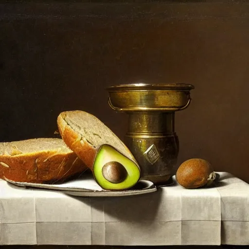 Image similar to still life by willem claesz heda, avocados, bread, linen, a fly, silver, leftover meat pie, overturned chalice, surreal goblets,