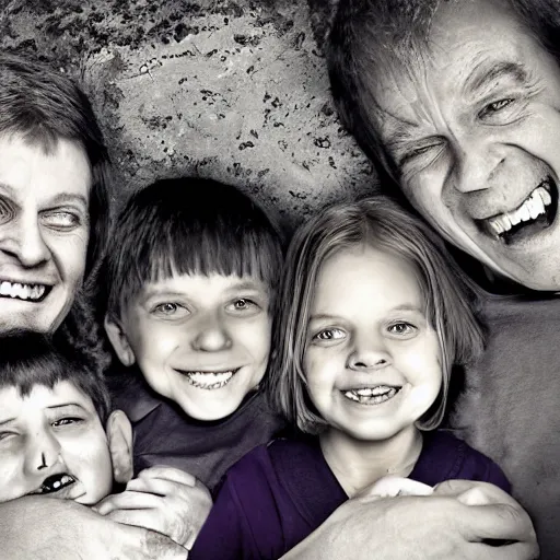 Image similar to family portrait studio of ugly family big rond eyes bad rotten teeth and smile, horrible scary family laughter by Chris Cunningham, mountain landscape background,, very detailed, grainy image