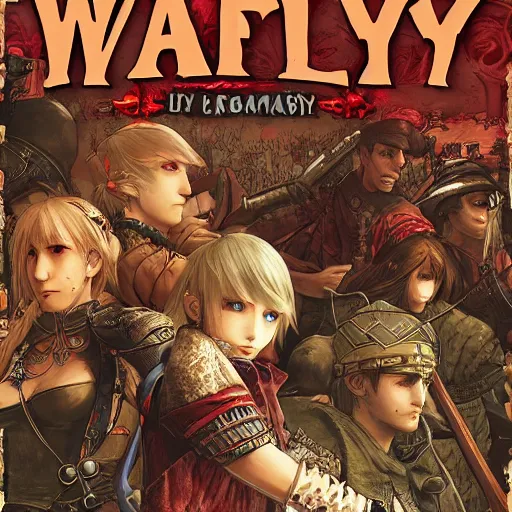 Image similar to Warkly 2, medieval fantasy game poster printed on playstation 2 video game box , Artwork by Akihiko Yoshida, cinematic composition