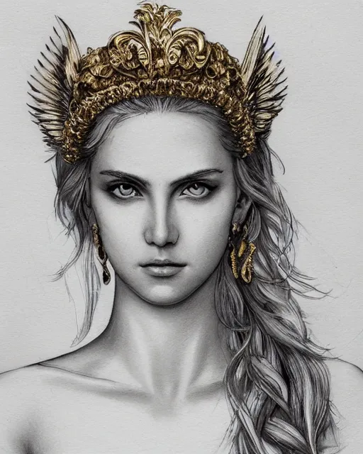 Image similar to front view of beautiful aphrodite greek goddess wearing a gold laurel wreath and triangle earrings, realism tattoo sketch, beautiful piercing eyes with sharp pupils, beautiful blonde hair, in the style of greg rutkowski, fantasy, amazing detail, epic, elegant, smooth, sharp focus