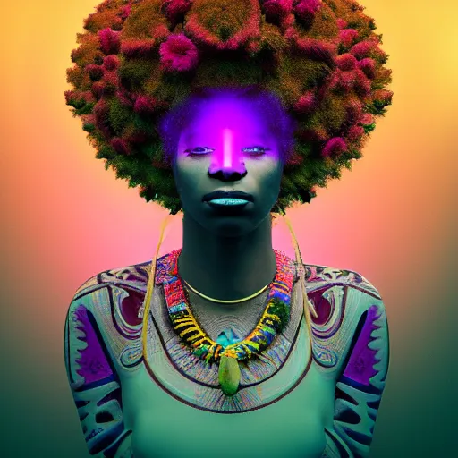 Image similar to a female african marijuanna! shaman with an afro made of flowers, third eye art art by machina infinitum, complexity from simplicity, rendered in octane, mandelbulb 3 d, ambient occlusion, macro photography, felt!!! texture, tribal, pastel! retrowave
