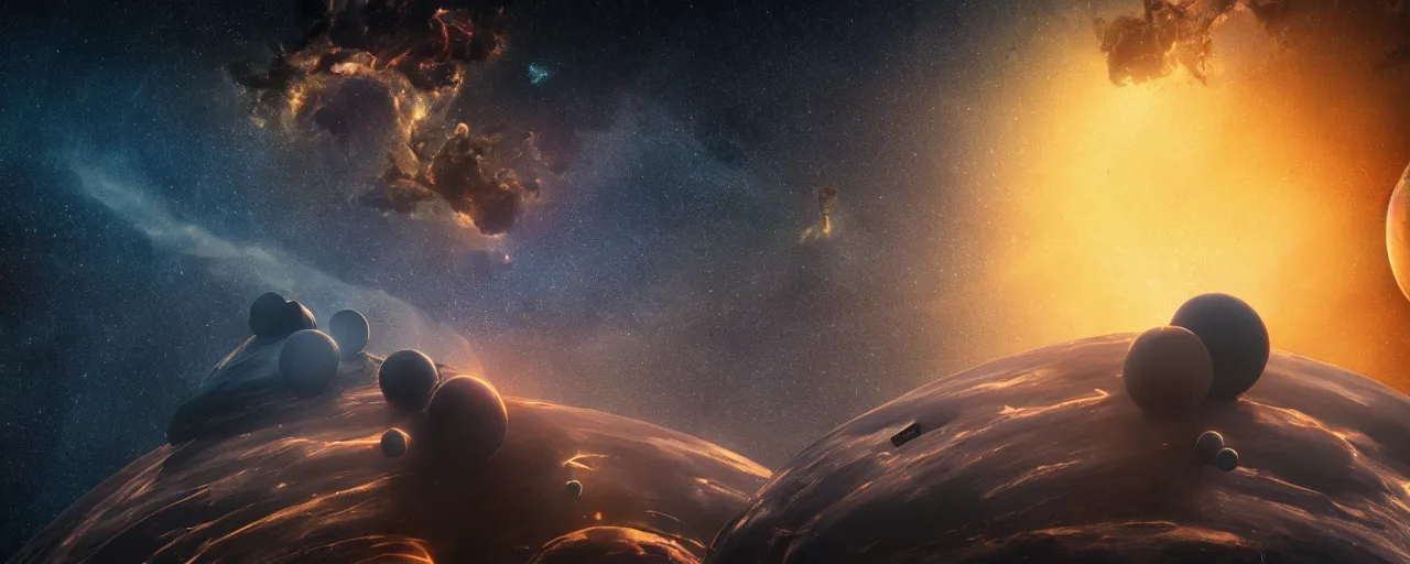 Prompt: movie still, galactic plane with angular minimalist obsidian monoliths floating in space, cell automata, unreal engine, octane render, detailed and intricate, cloudy, global illumination, volumetric lighting, hubble telescope images, james webb telescope images, detailed and intricate environment, color graded