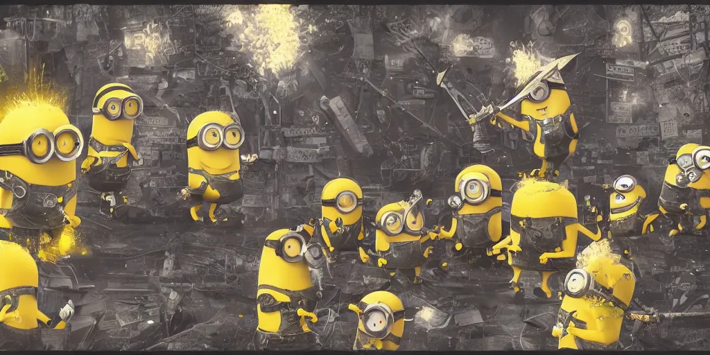 Image similar to Minions with axes and words against golden sparks, black smoke, yellow lights, Anime, cyberpunk, gothic, dark fantasy, art, 4k,