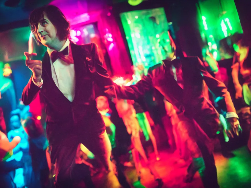 Image similar to dslr close up photo of oscar wilde dancing at a gay club, color, photography, 8 k, highly detailed, lighting, cmyk, realism, 3 5 mm, modern