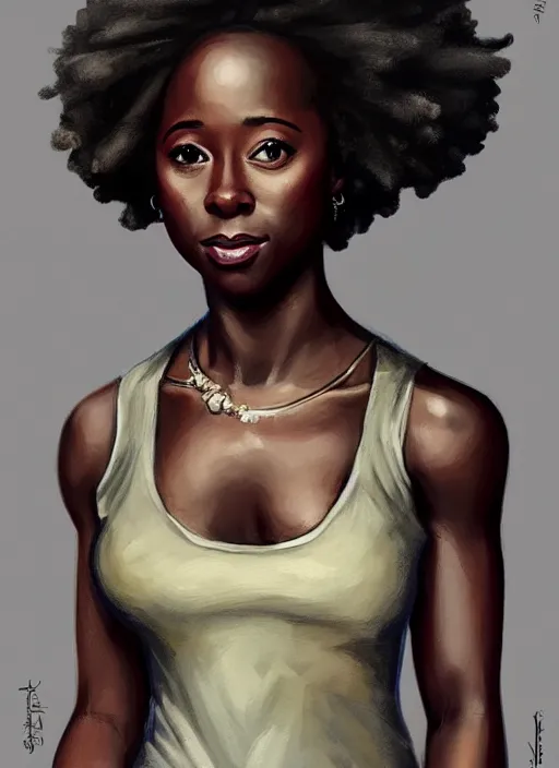 Image similar to 3/4 portrait of Kirby Howell-Baptiste wearing a modern black tank top, art nouveau, D&D, fantasy, elegant, highly detailed, digital painting, artstation, concept art, matte, sharp focus, illustration, art by Artgerm and Greg Rutkowski and WLOP