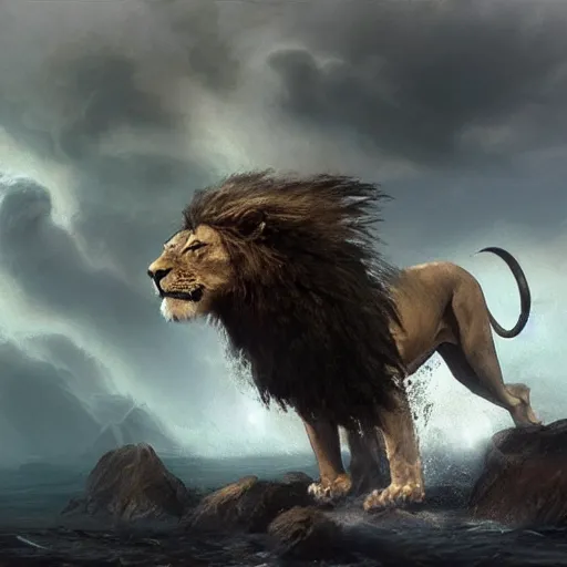 Prompt: A giant lion creature with wings rising up out of a turbulent sea near a rocky shore, body and head of lion, wings of eagle, by Craig Mullins, very detailed, realistic, epic concept art, light, light Rays, cinematic stormy sky, trending on artstation, epic cinematography, epic composition