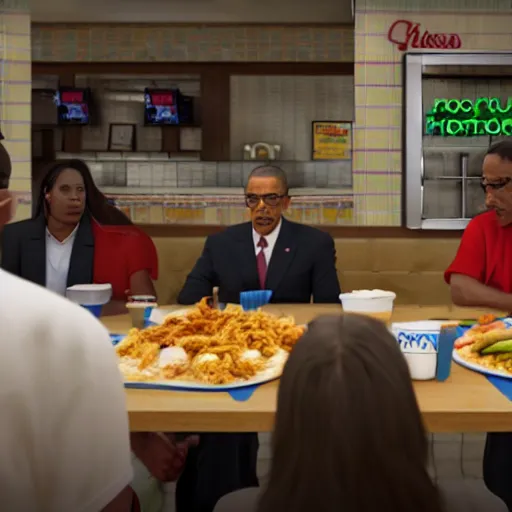 Image similar to blurry film still of obama meeting gus fring at los pollos hermanos, breaking bad scene, octane render, 4k, photorealistic, detailed