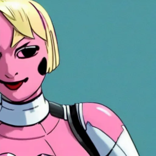 Image similar to A still of Gwenpool in Deadpool 3 (2023), blonde hair with pink highlights, no mask, white and light-pink outfit, smiling and winking at the camera, comics accurate design