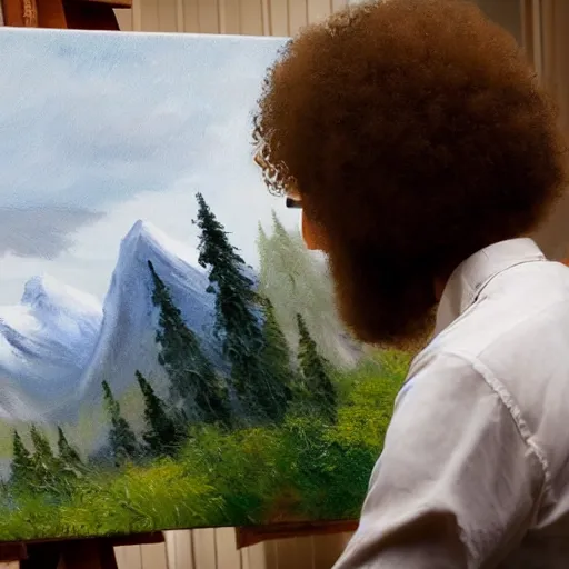 Image similar to a closeup photorealistic photograph of bob ross working on a canvas painting of natalie dormer. film still. brightly lit scene. mountains and trees. this 4 k hd image is trending on artstation, featured on behance, well - rendered, extra crisp, features intricate detail, epic composition and the style of unreal engine.