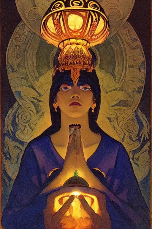 Prompt: child of darkness with their crown and lantern, by Nicholas Roerich and Annie Swynnerton and and Ivan Bilibin, dramatic cinematic lighting , ornate headdress , flowing robes, sacred artifacts, lost civilizations, smooth, sharp focus, extremely detailed