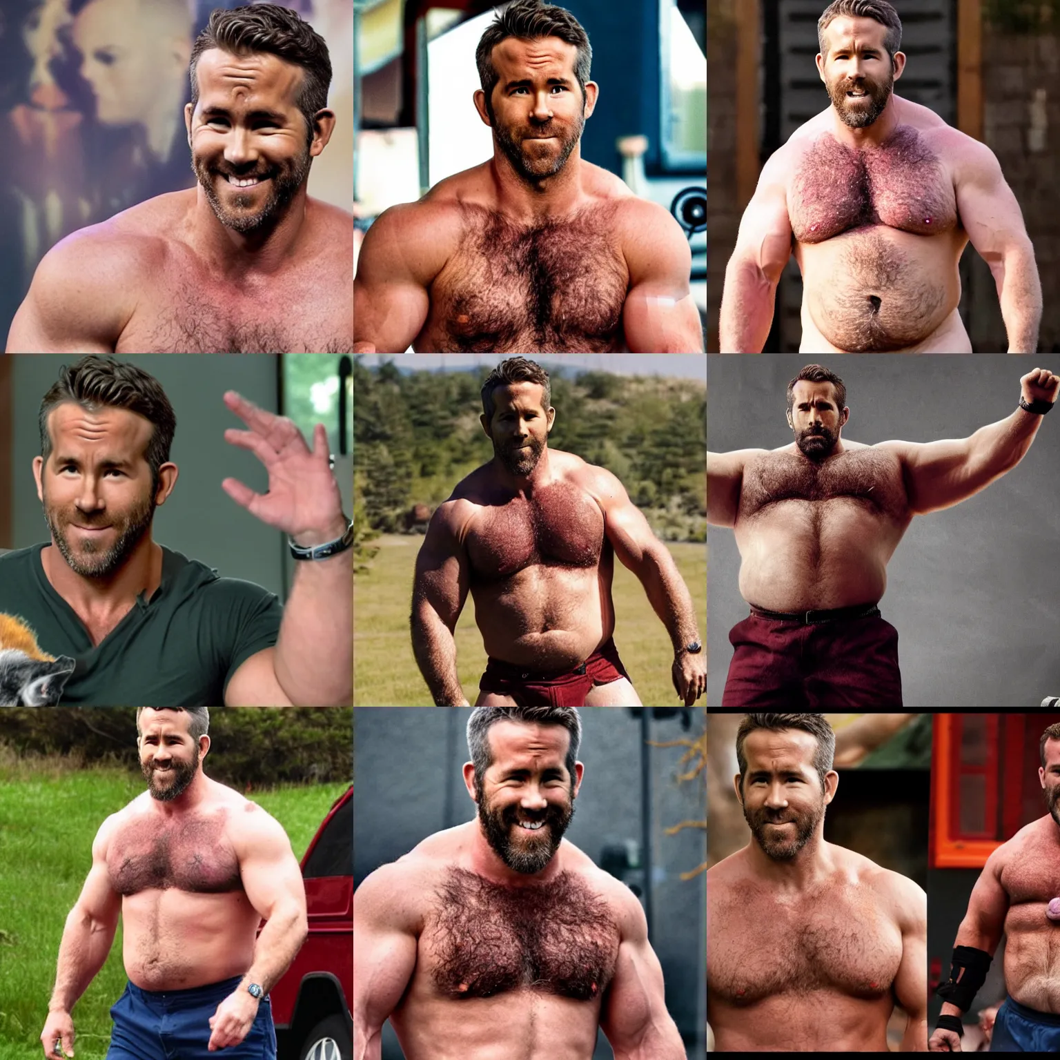 Prompt: ryan reynolds as a burly padded chubby strongman, masculine, dad energy, hairy torso, 4 k hd