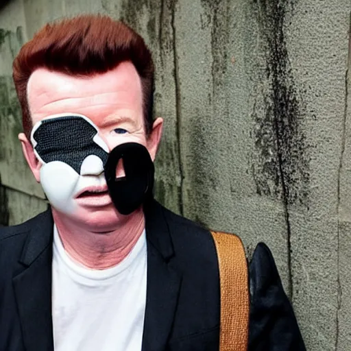 Image similar to rick astley with a slipknot mask