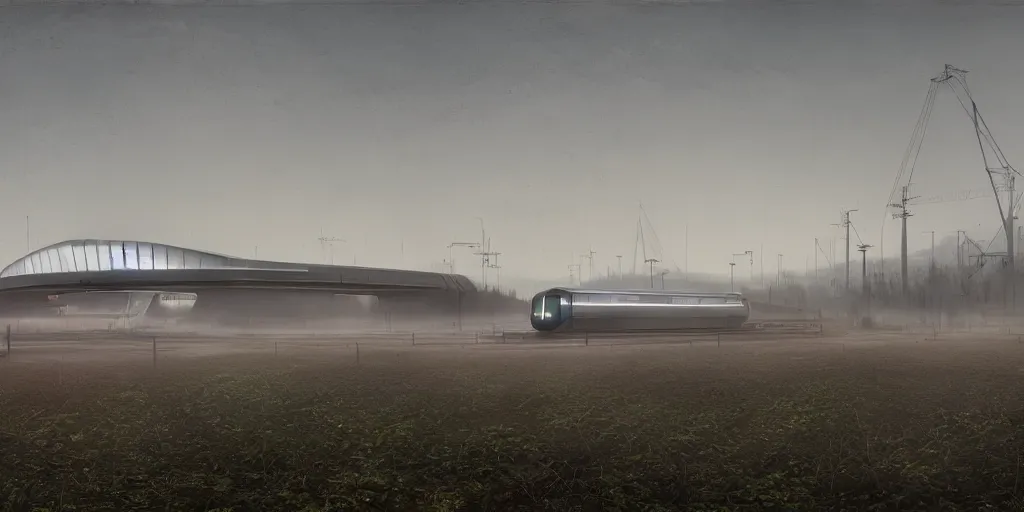 Image similar to landscape with futuristic train station in an empty field. by stalenhag. mist, fog, cyber punk, realistic, 8 k