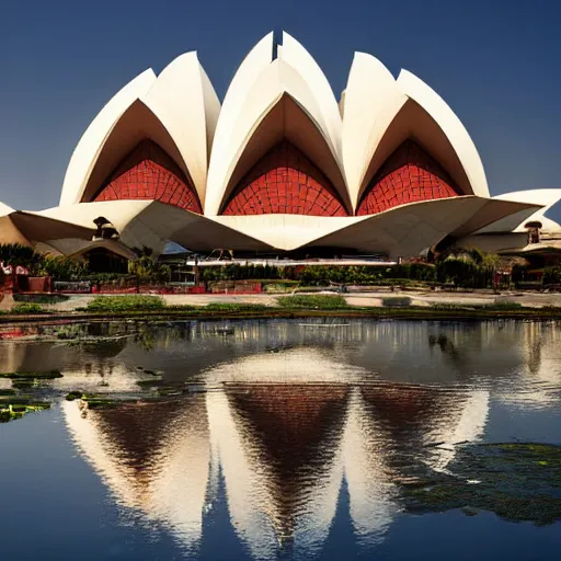 Image similar to futuristic lotus temple with gold, red and white marble panels, shafts of sunlight in the centre, in the desert, by h r giger, intricate contemporary architecture with art nouveau motifs, photo journalism, photography, cinematic, national geographic photoshoot