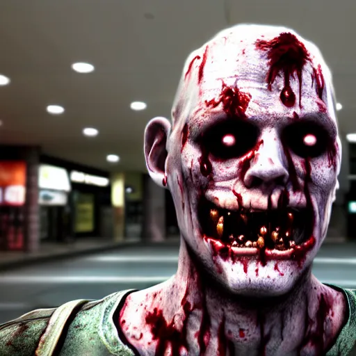 Prompt: highly detailed portrait of a boomer zombie from left 4 dead, style of stephen bliss, in a shopping mall with waterfountain, unreal engine, global illumination, detailed and intricate environment