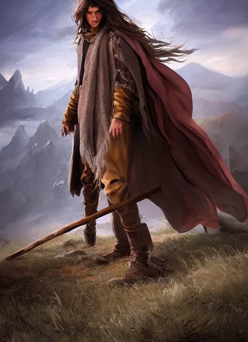 Image similar to An epic fantasy comic book style portrait painting of a young man with a long brown hair wearing a cloak that waves in the wind as he holds onto a stave in front of an epic fantasy landscape, unreal 5, DAZ, hyperrealistic, octane render, cosplay, RPG portrait, dynamic lighting