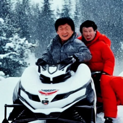 Image similar to jackie chan on a snowmobile