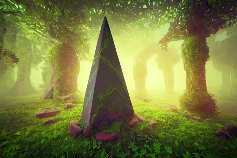 Image similar to super detailed color lowpoly art, overgrown mystical forest meadow, ancient stone obelisk with subtle glowing runes, thick vines wrapping around, unreal engine, retrowave color palette, 3 d render, lowpoly, colorful, digital art, perspective