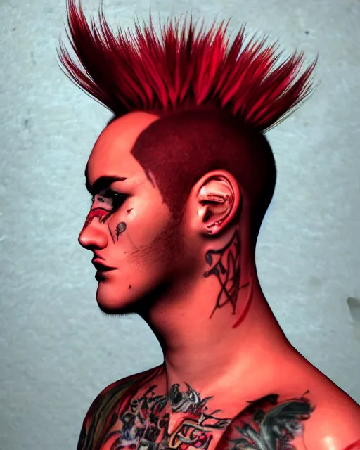 Image similar to young man with a short red dyed mohawk, red irises and a slim face, piercings, dressed in crustpunk clothing, headshot, attractive, handsome, model, trending on artstation, high quality art, character design, realism art, award winning art, in color, no makeup, no tattoos