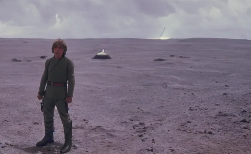 Image similar to screenshot portrait shot of Luke Skywalker on a lightning planet, moody jagged dark landscape, from the 1970s sci fi thriller by Stanely Kubrick , no people, no man, lost world, sharp focus, color kodak stock, ektochrome, anamorphic lenses, detailed faces, moody cinematography