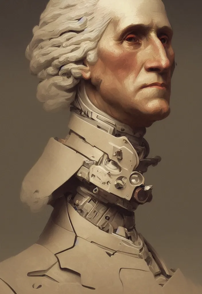 Image similar to a portrait robotic george washington, intricate, war torn, highly detailed, digital painting, emotional, artstation, concept art, smooth, sharp focus, illustration, art by artgerm and greg rutkowski and alphonse mucha and william - adolphe bouguereau