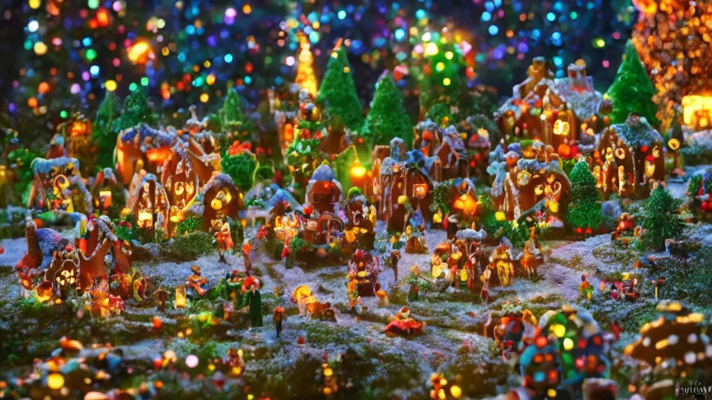 Prompt: gingerbread candy village, colorful, fantasy, fairytale, forest, fireflies, flowers, halloween, christmas, snow, hansel and gretel, bokeh, closeup, depth of field 1 0 0 mm, cinematic scene, studio quality, unreal engine, octane render, trending on artstation, artgerm, cgsociety