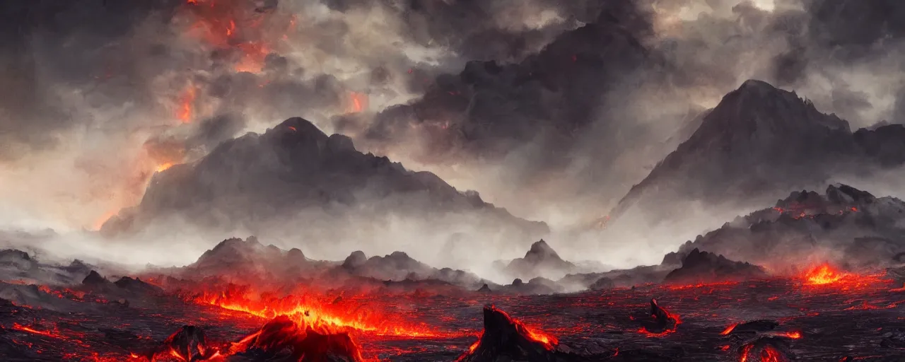 Image similar to Dead landscape, fire and lava, black volcano, rugged black clouds, ash in the sky, army of orcs gathering below, fantasy book illustration 8k movie poster, cinematic composition