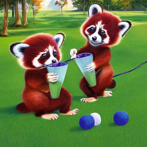 Prompt: very cute friendly happy high energy red pandas at a fancy garden party playing croquet and drinking lemonade, artwork by mark brooks and Asher Brown Durand, digital art