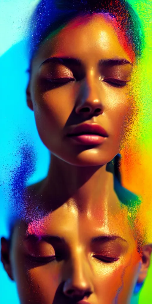 Image similar to photo half body portrait of very beautiful woman, face emerging from pool of colorful oils, brown skin, realism, extreme detail, real life, key art, soft light, volumetric light, 3 - d shadows, photo by james jean and wlop, photoshoot