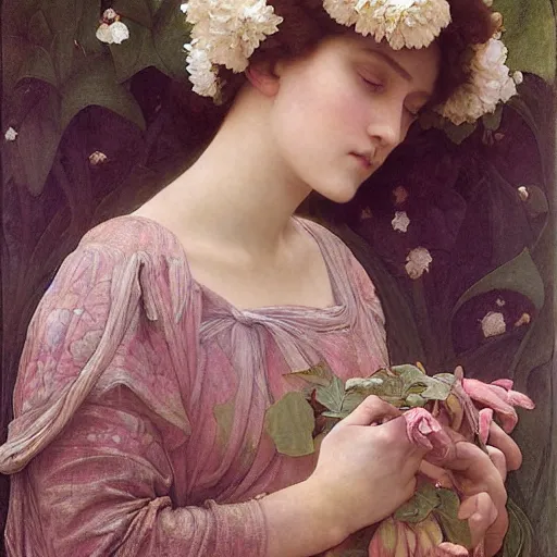 Prompt: princess of flowers, by annie swynnerton and charlie bowater and diego rivera and william - adolphe bouguereau, nicholas roerich and jean delville and evelyn de morgan, dramatic lighting, brocade robes, elaborate floral ornament, rich colors, smooth sharp focus, extremely detailed, donato giancola, adolf wolfli