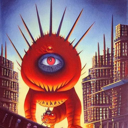 Image similar to by ernie barnes, by nicolas mignard flickr, cinnabar cosy, rigorous. a beautiful painting of a large, orange monster looming over a cityscape. the monster has several eyes & mouths, & its body is covered in spikes. it seems to be coming towards the viewer, who is looking up at it in fear.