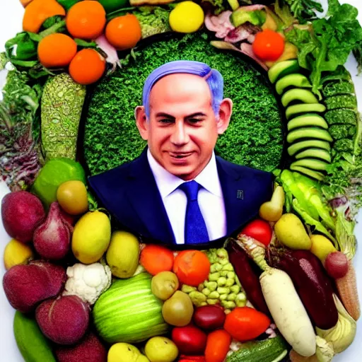 Image similar to portrait of benjamin netanyahu made of fruits vegetables and flowers