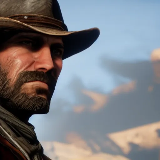 berrykanry, arthur morgan, red dead redemption, red dead redemption 2,  commentary request, highres, 1boy, artist name, beard, blurry, blurry  background, brown hair, brown vest, bullet, closed mouth, depth of field,  english text