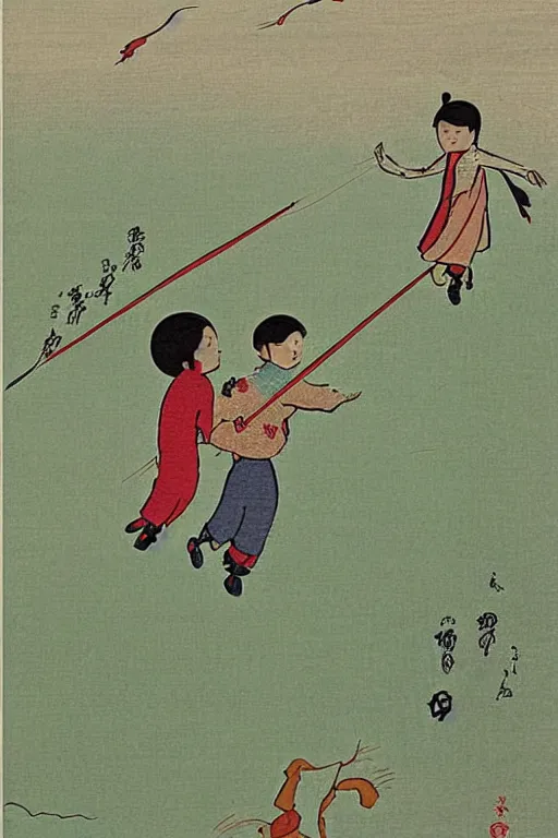 Prompt: A cartoon painting of two children flying kites in the field in spring.by Feng Zikai.