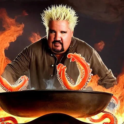 Image similar to guy fieri, turning into an eldritch horror with tentacles, sitting in a giant pan filled with boiling oil, film still from the movie directed by denis villeneuve with art direction by salvador dali