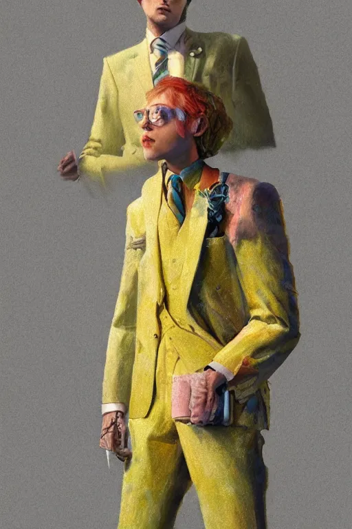 Prompt: a scene with a character wearing a super colorful muted color diy! suit, with a lot of pockets and details, henrik vibskov!, detailed photoreal render octane render, pointillism, oil on canvas, watercolor