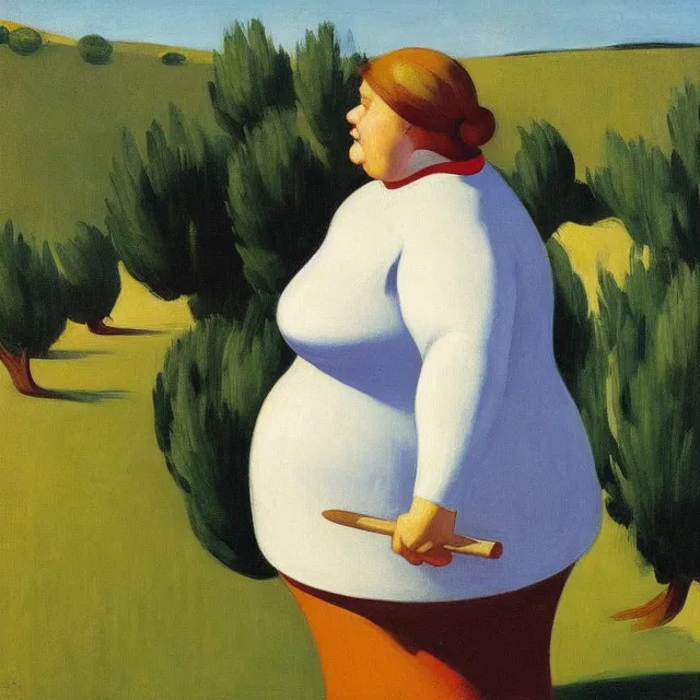 Image similar to a fat lady dressed in black standing with a large frying pan in her hands surrounded by olive trees edward hopper