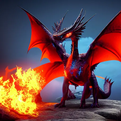 Image similar to breathtaking and majestic powerful dragon with spread wings surrounded by fire, 3d render, concept art, 8k, ultra detail