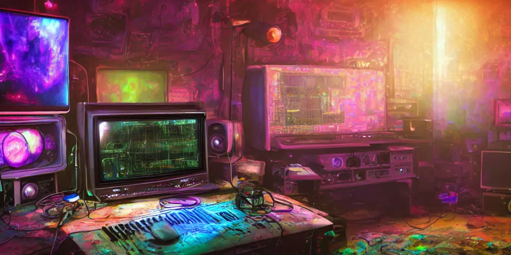 Image similar to A realistic painting of a vintage CRT computer, with a psychedelic mushroom on the screen, in a post apocalyptic recording studio, unreal 5, DAZ, hyperrealistic, octane render, RPG portrait, dynamic lighting,