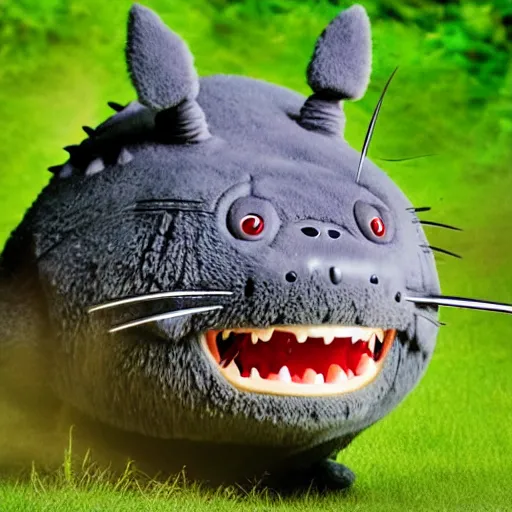 Prompt: action photograph of a terrifying totoro with glowing eyes about to attack the camera, claws, sharp teeth, aggressive violent realistic flash photography