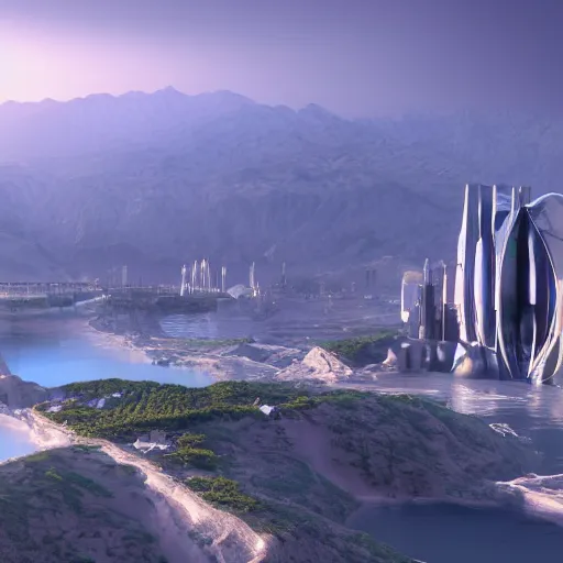 Image similar to A coastal city near some mountains, sci-fi, space elevator, 8k photorealistic