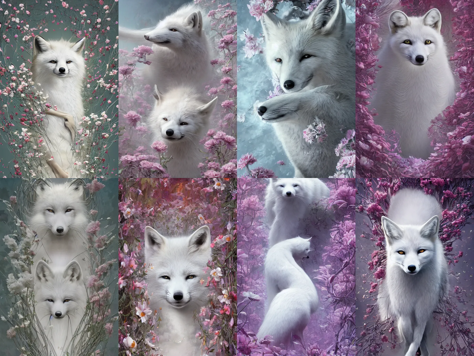 Prompt: a white fox with long hairs and flowers in them, flower petals flying around in the background, art by James Jean and Wayne Barlowe, high detail, cinematic, cgsociety 8k